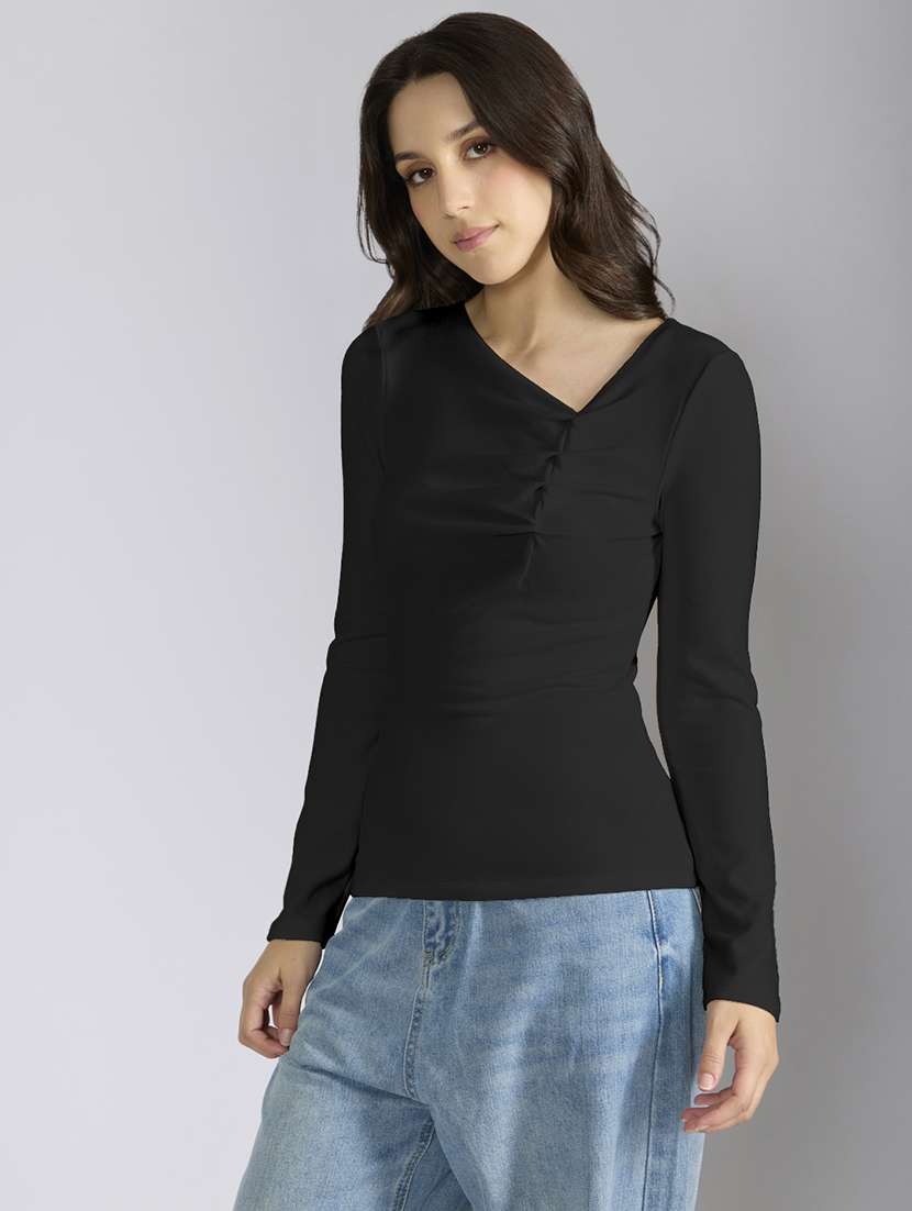women solid asymmetric neck long sleeve top - 22086396 - Standard Image - 2