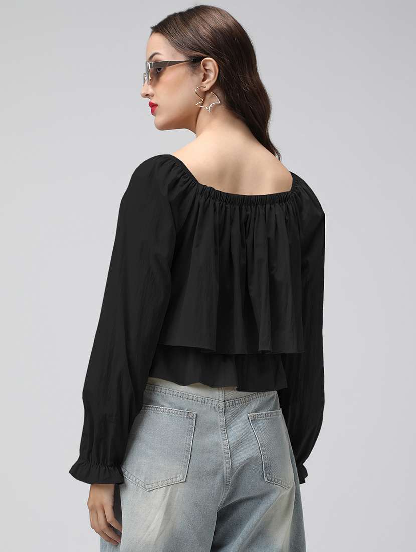 women black solid off shoulder long sleeve crop top - 22086397 - Standard Image - 2