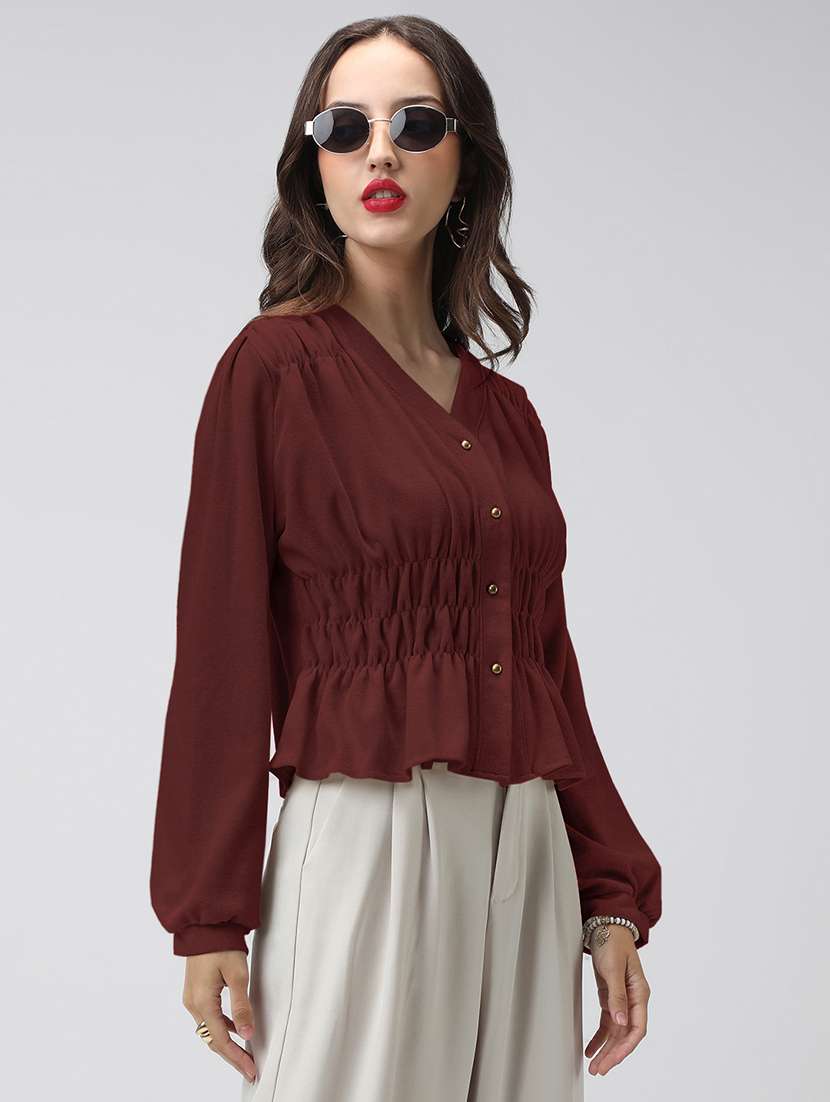 women maroon solid puff sleeve top - 22086401 -  Standard Image - 2