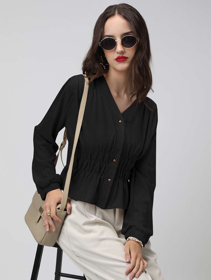 women black solid puff sleeev top