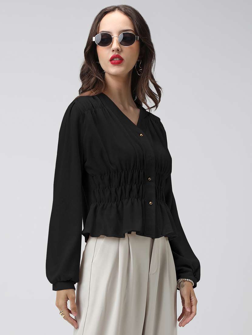 women black solid puff sleeev top - 22086402 -  Standard Image - 2