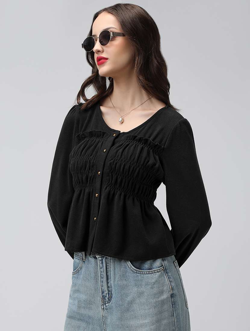 women black solid bell sleeve peplum top - 22086403 - Standard Image - 2