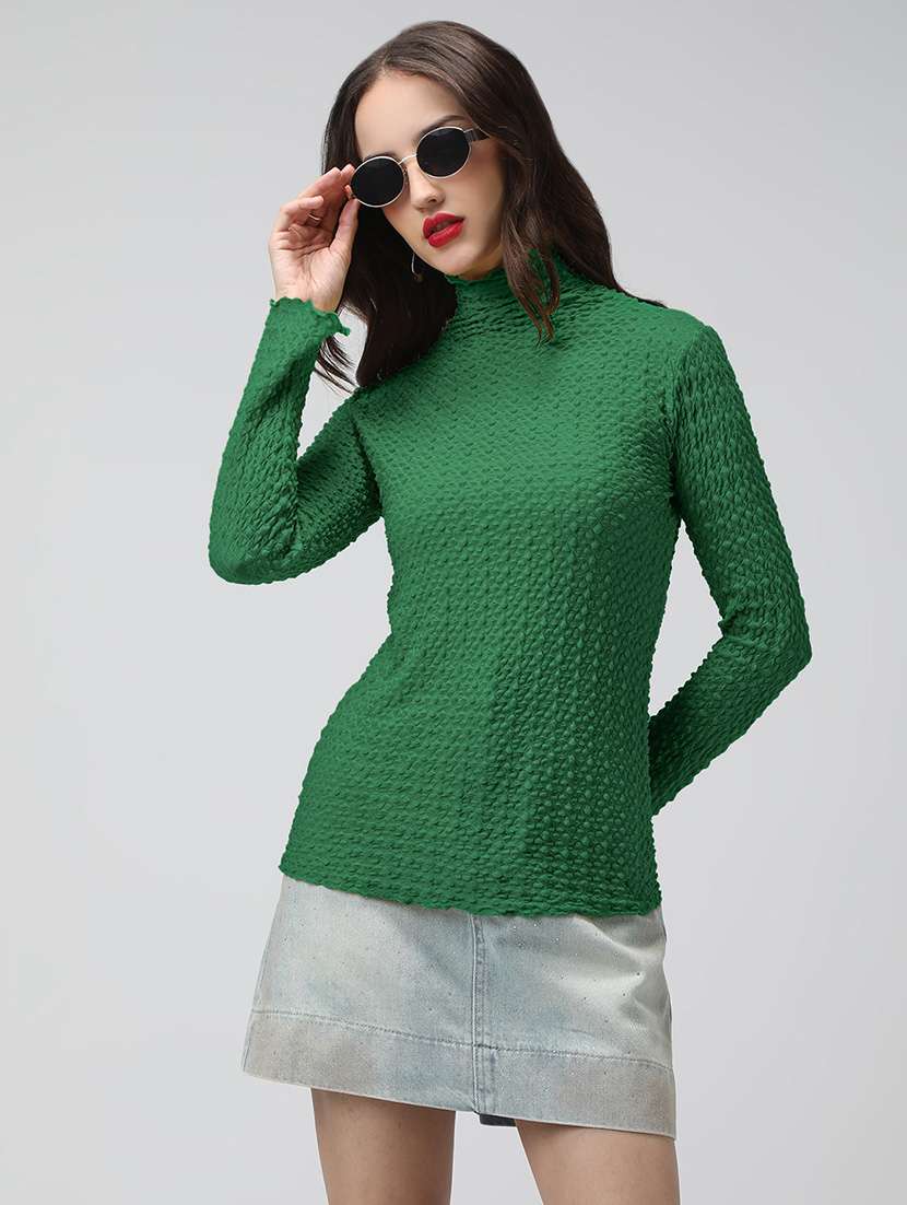 women green self designed mock neck long sleeve top - 22086405 -  Zoom Image - 0
