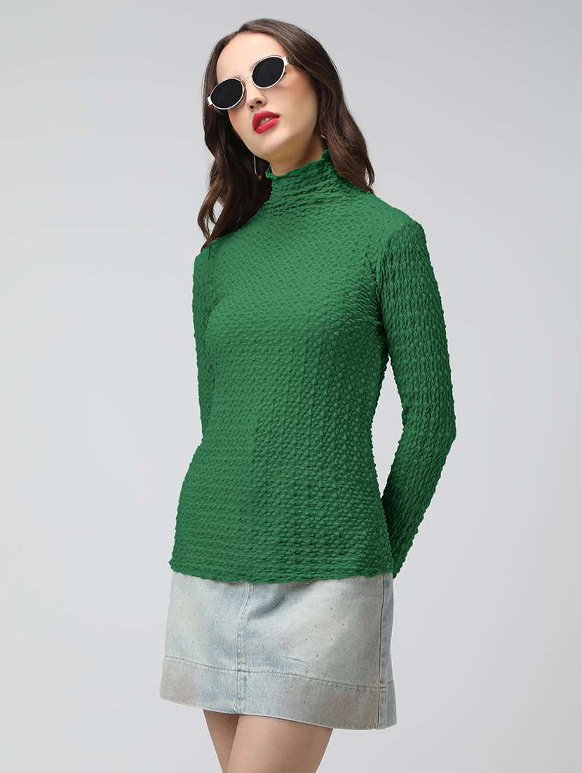 women green self designed mock neck long sleeve top - 22086405 - Standard Image - 2