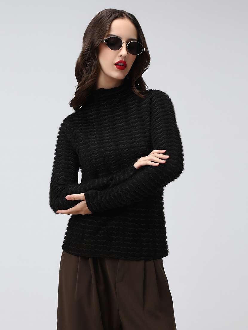 women black self designed mock neck long sleeve top - 22086406 -  Standard Image - 2