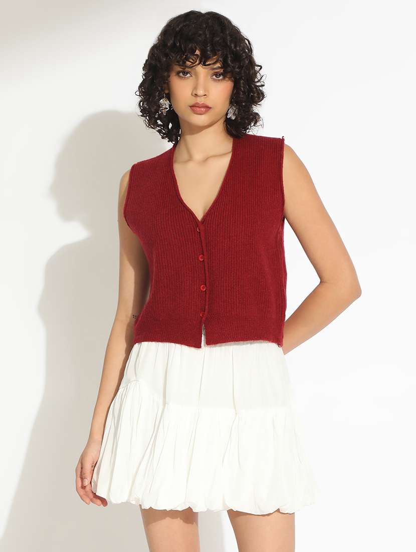 women maroon solid sleeveless cropped cardigan - 22086407 -  Standard Image - 2