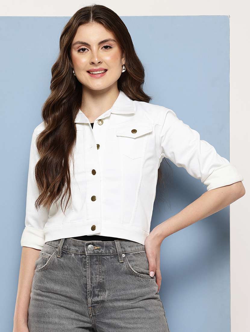 women solid long sleeev collared denim jacket