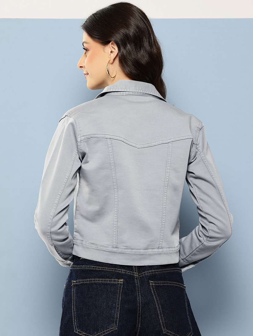 women solid long sleeev collared denim jacket - 22086561 -  Standard Image - 2