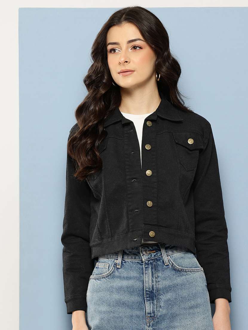 women solid long sleeev collared denim jacket - 22086563 - Zoom Image - 0
