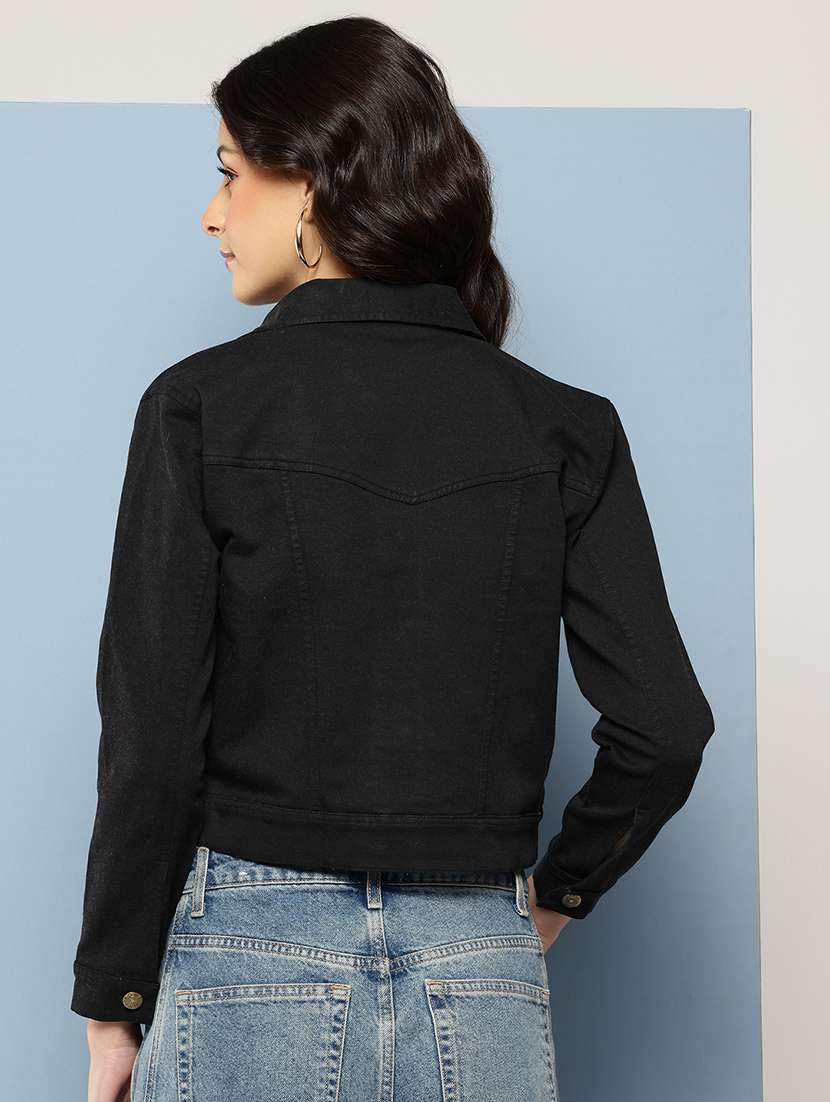 women solid long sleeev collared denim jacket - 22086563 - Standard Image - 2