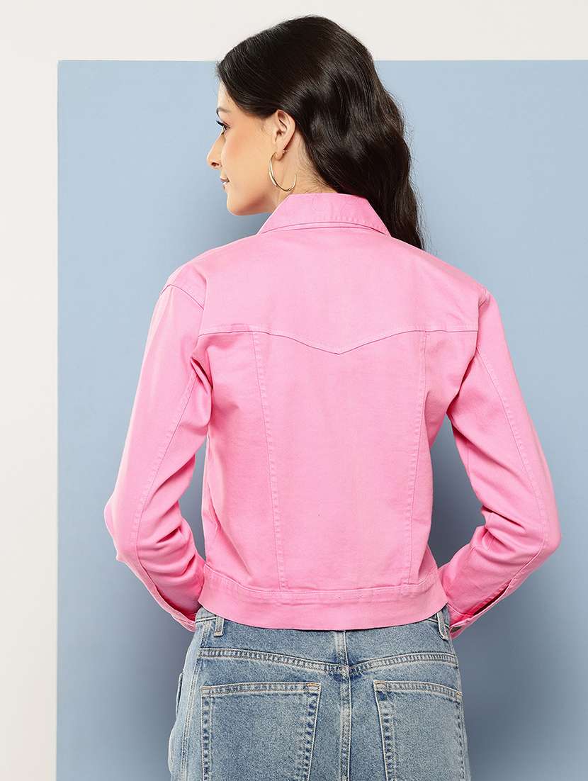 women solid long sleeve collared denim jacket - 22086564 - Standard Image - 2