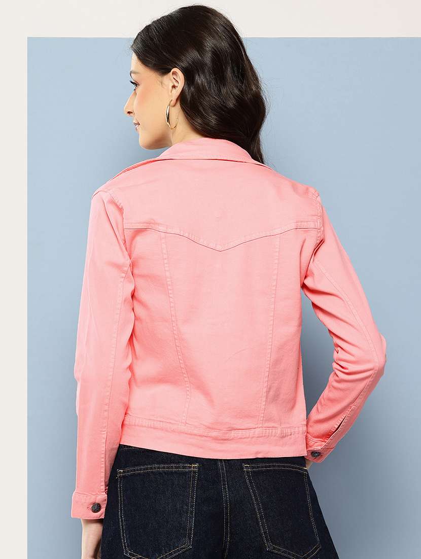 women solid long sleeve collared denim jacket - 22086565 - Standard Image - 2