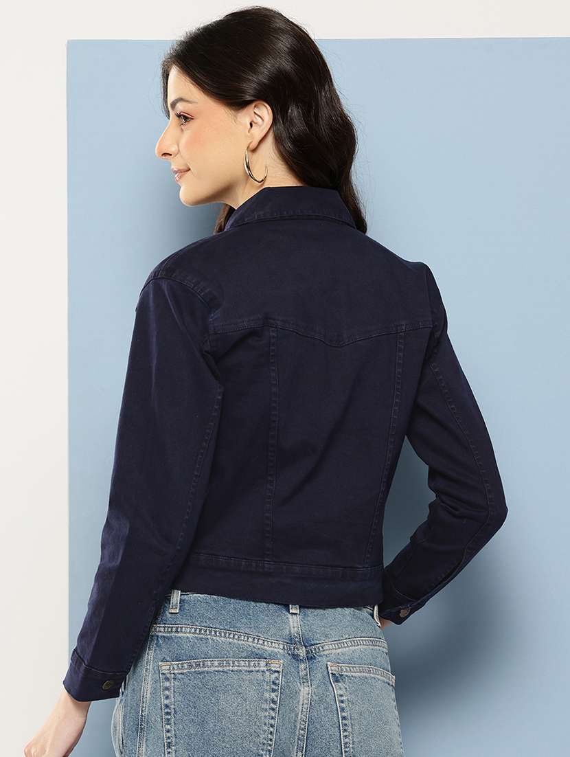 women solid long sleeve collared denim jacket - 22086566 - Standard Image - 2