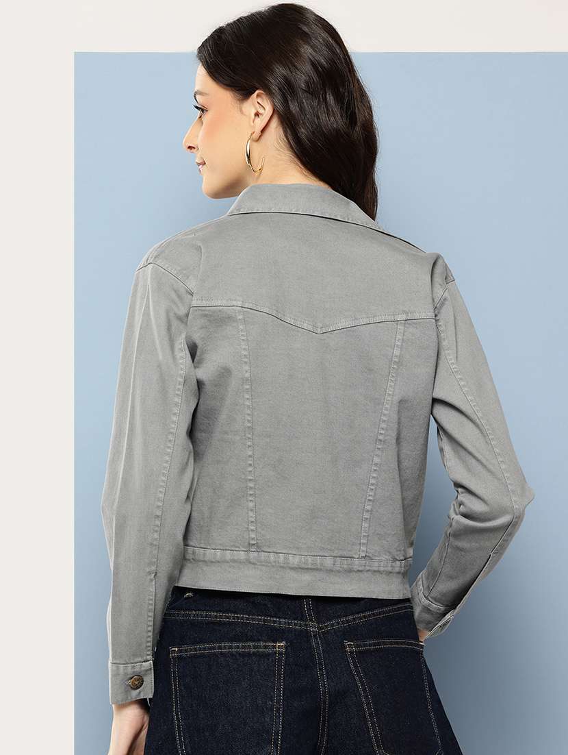 women solid long sleeve collared denim jacket - 22086567 - Standard Image - 2