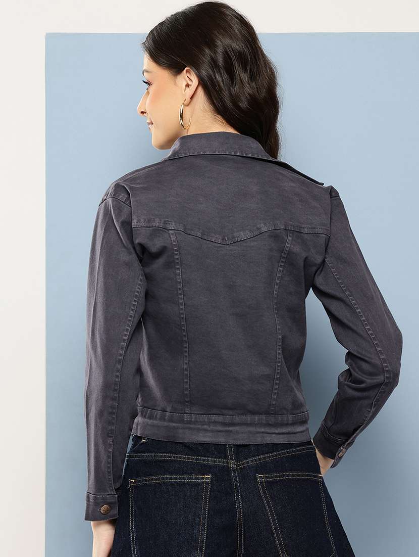 women solid long sleeve collared denim jacket - 22086568 - Standard Image - 2
