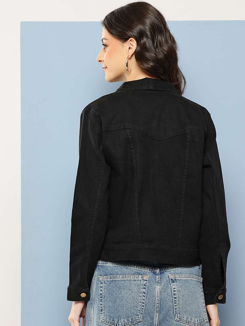 women solid long sleeve collared denim jacket - 22086569 - Standard Image - 2