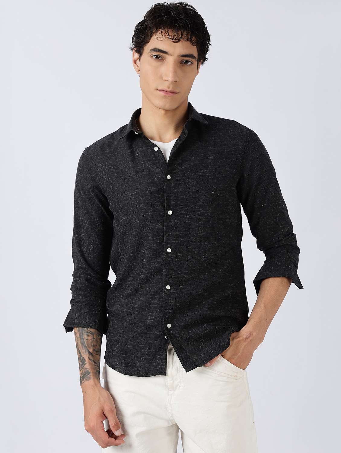 men solid long sleeve slim fit casual shirt - 22086630 -  Zoom Image - 0