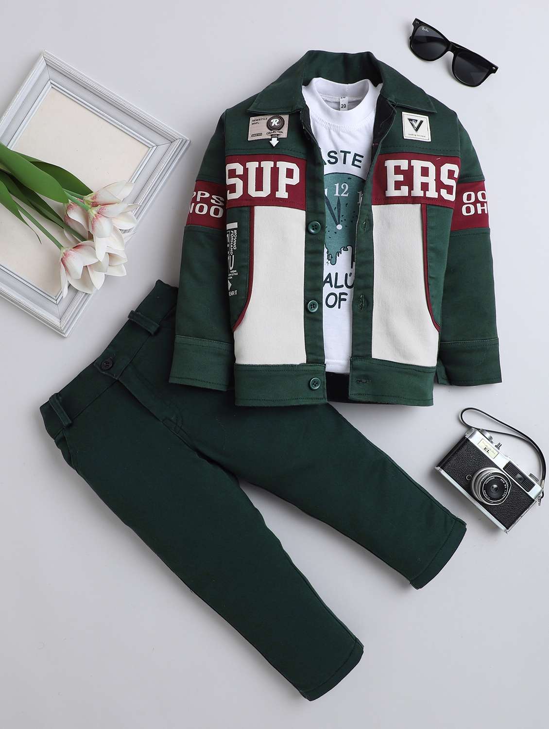 boys printed t-shirt and trouser with jacket set