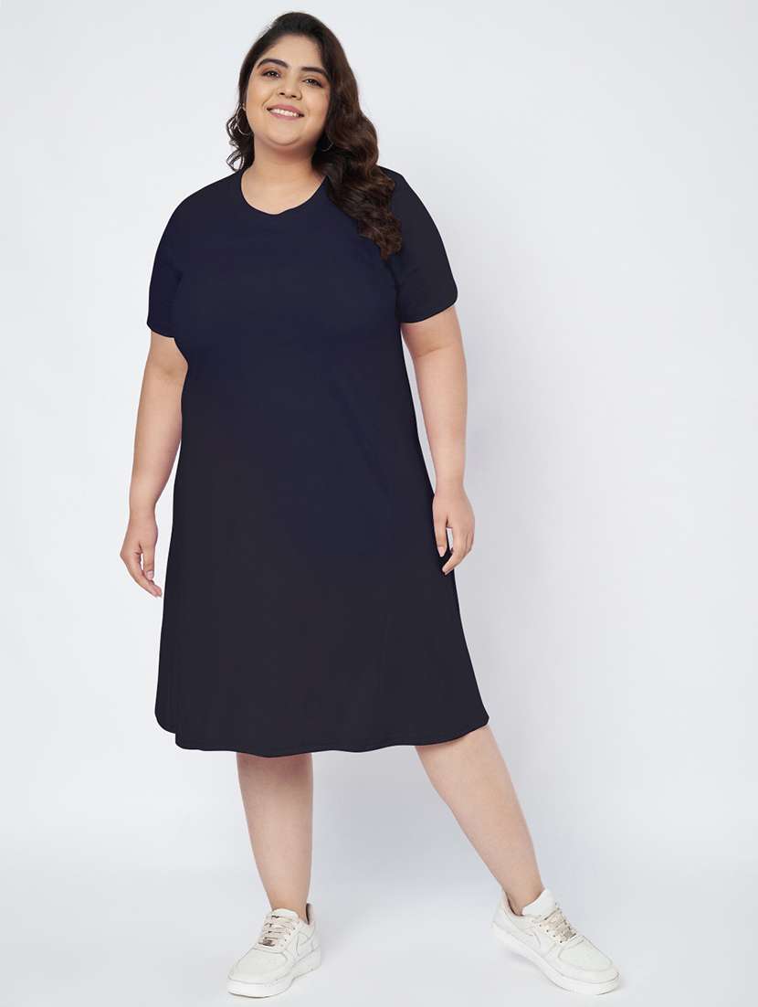 women plus size solid short sleeve a-line dress