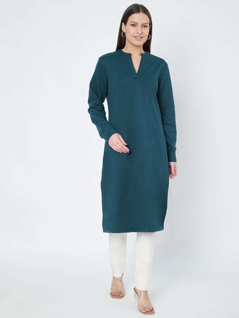 women solid long sleeve woolen kurta
