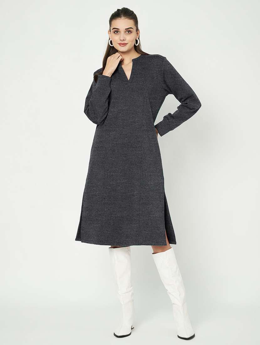 women solid long sleeve a-line dress - 22086784 -  Zoom Image - 0