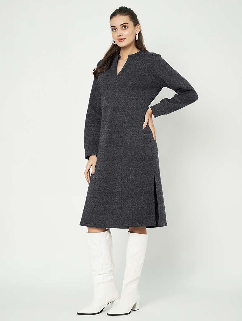 women solid long sleeve a-line dress - 22086784 -  Standard Image - 2