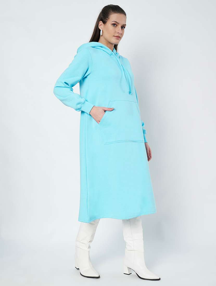 women solid long sleeve hooded a-line dress - 22086787 - Standard Image - 2