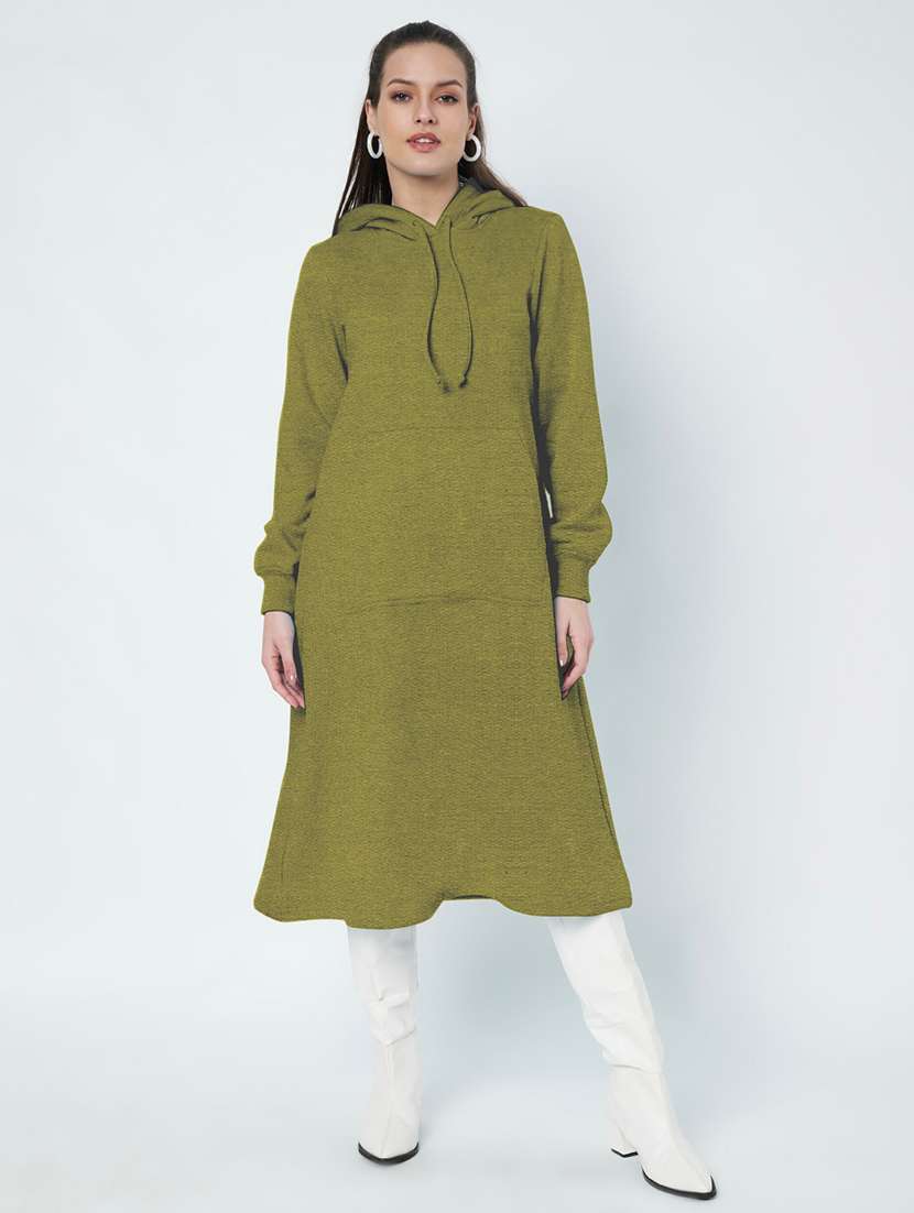 women solid long sleeve hooded a-line dress