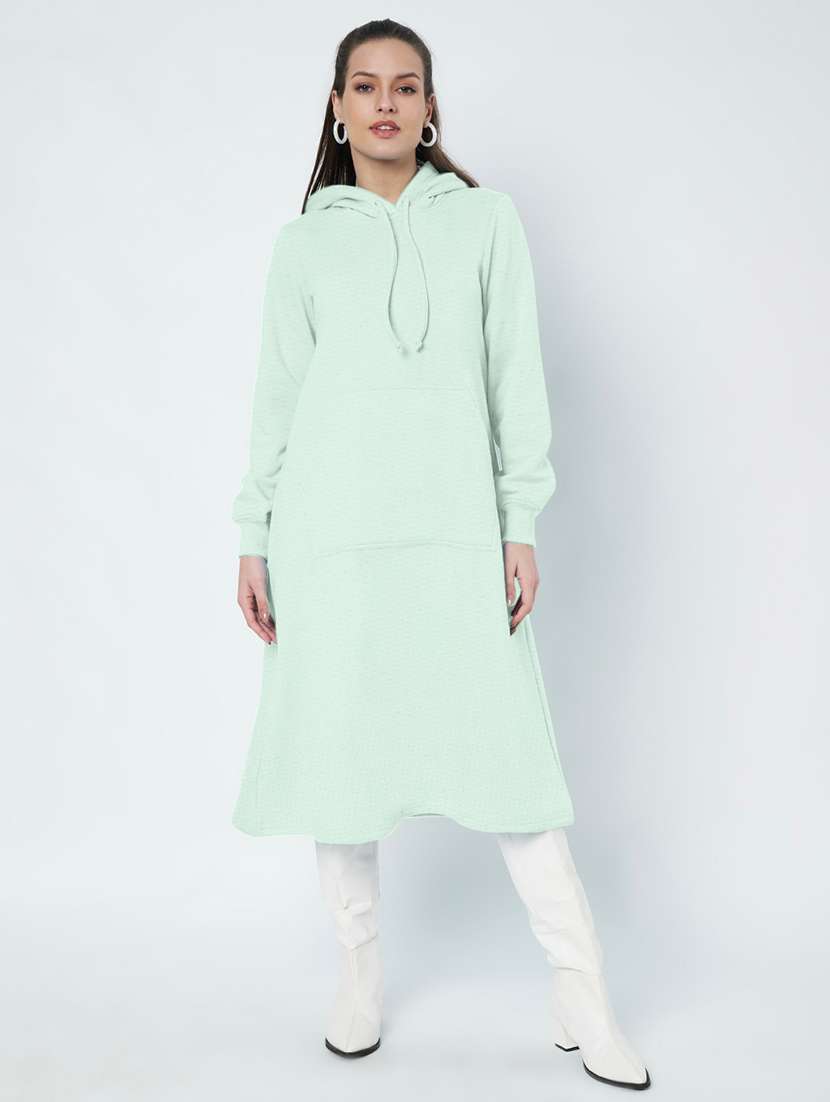 women solid long sleeve hooded a-line dress