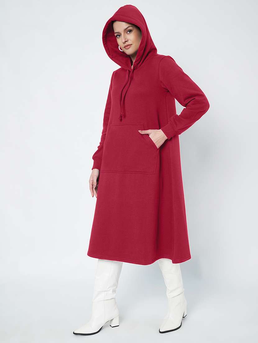 women solid long sleeve hooded a-line dress - 22086792 -  Standard Image - 2
