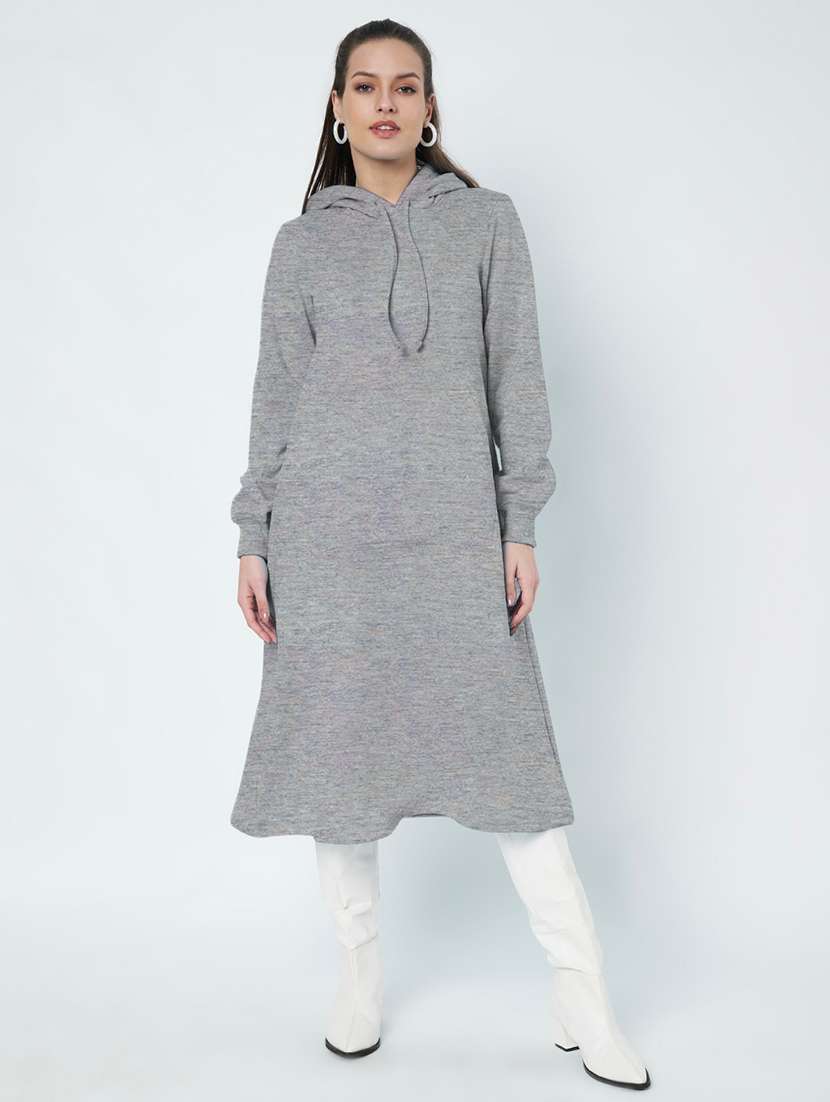 women solid long sleeve hooded a-line dress