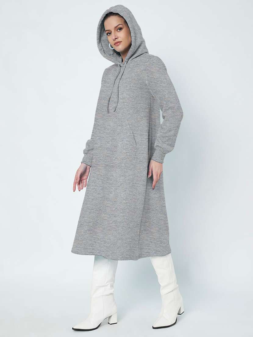 women solid long sleeve hooded a-line dress - 22086794 - Standard Image - 2