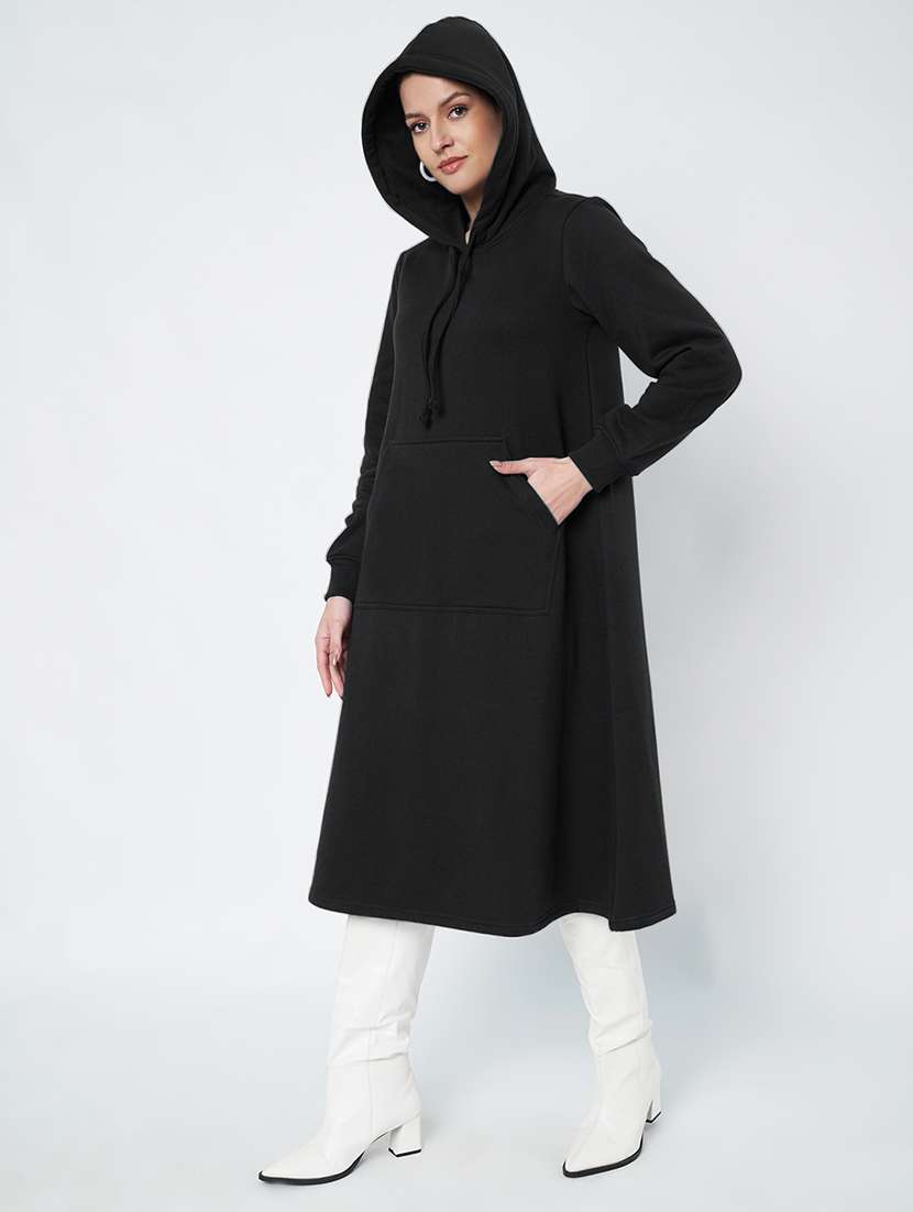 women solid long sleeve hooded a-line dress - 22086799 -  Standard Image - 2