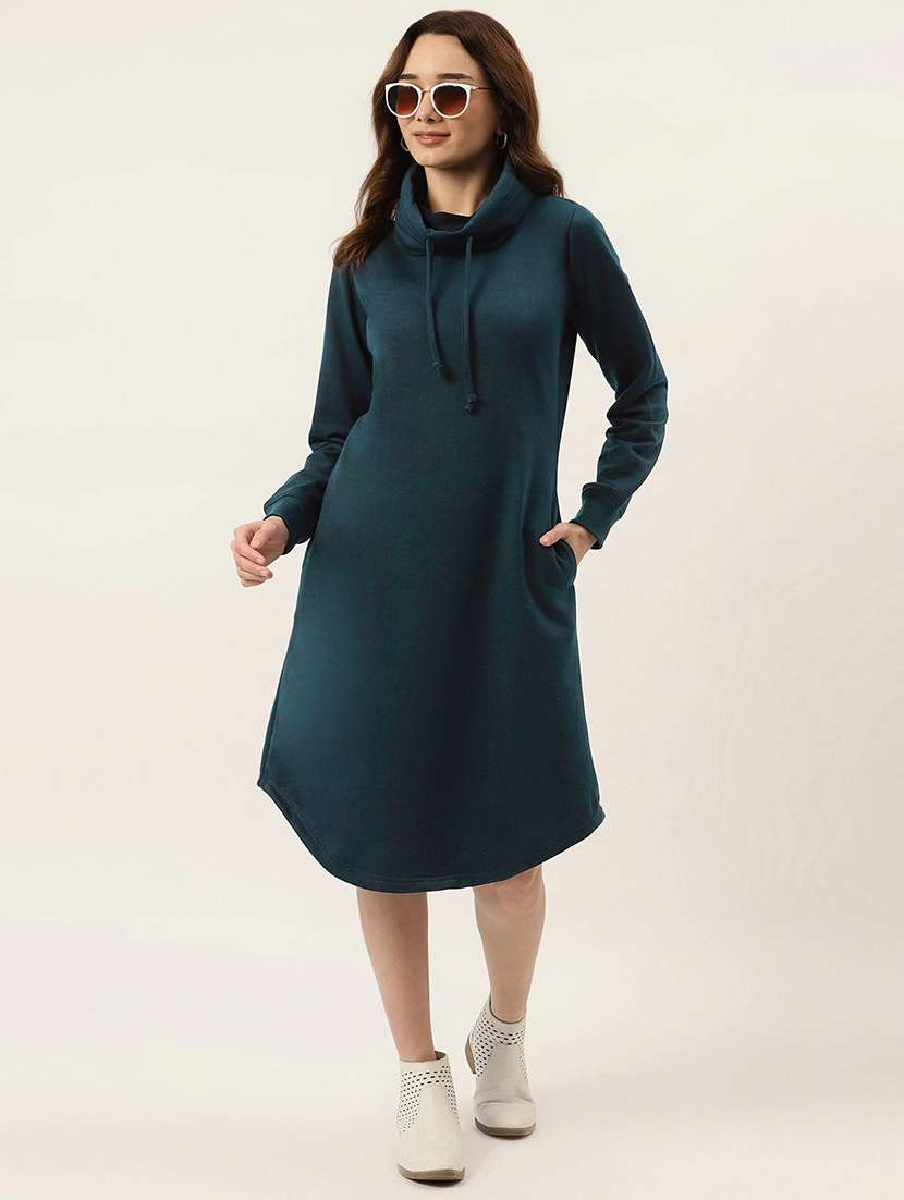 women solid long sleeve a-line dress