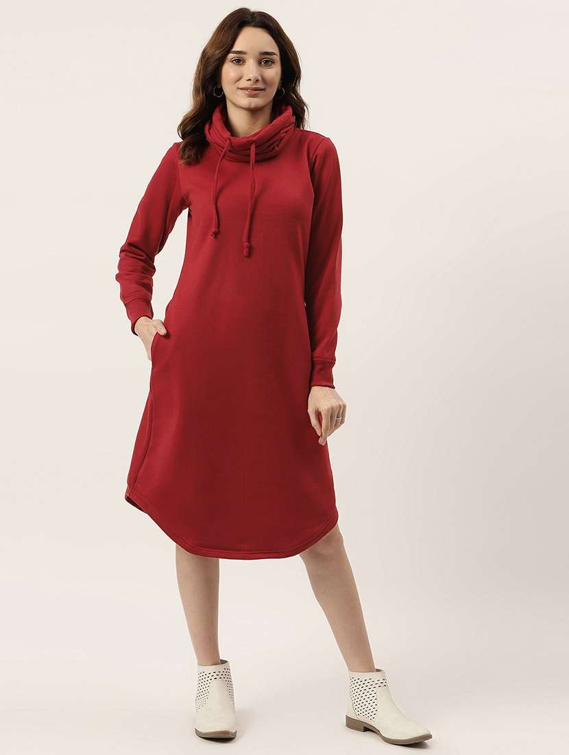 women solid long sleeve a-line dress