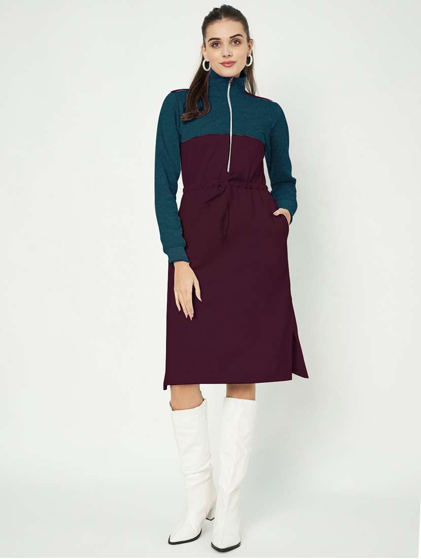 women color blocked long sleeve a-line dress