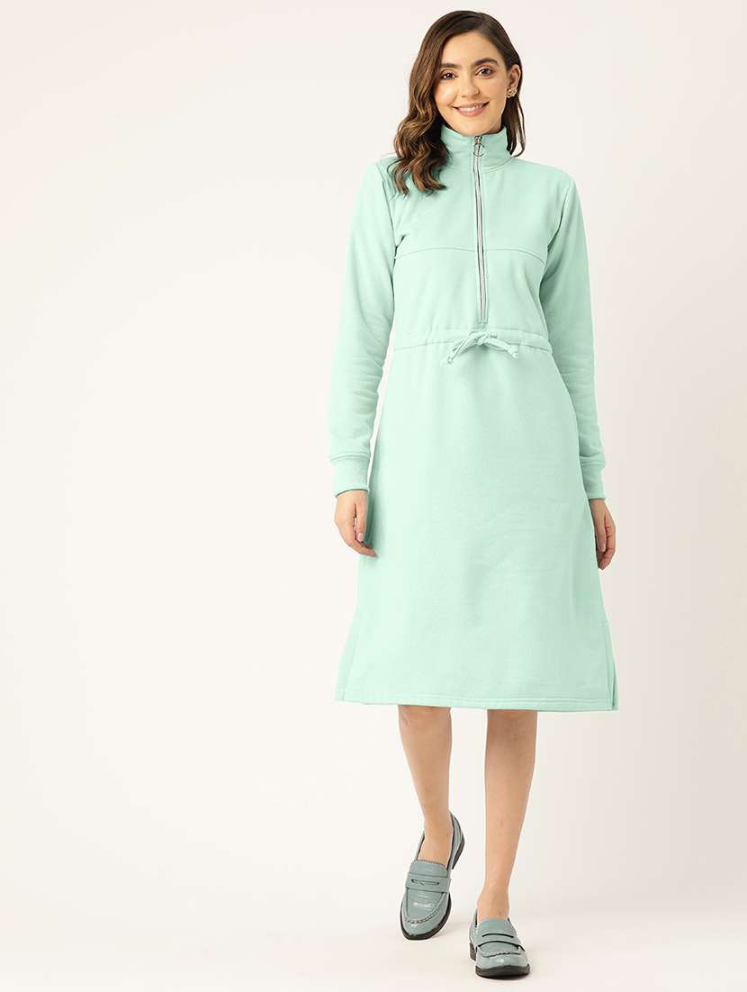women solid long sleeve a-line dress
