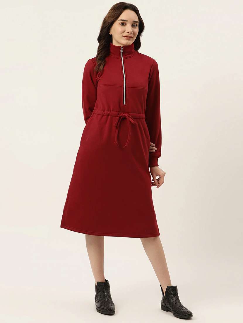 women solid long sleeve a-line dress