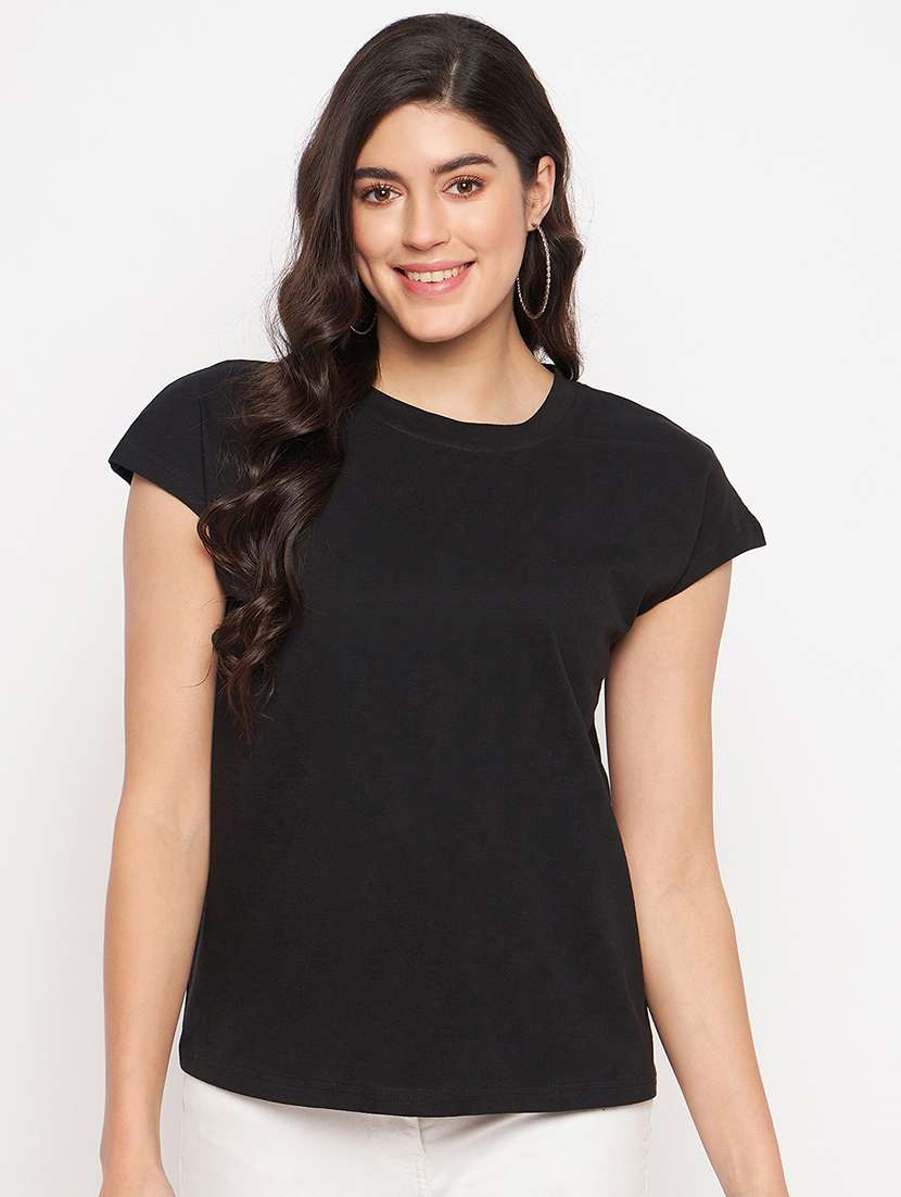 women blck solid short sleeve top