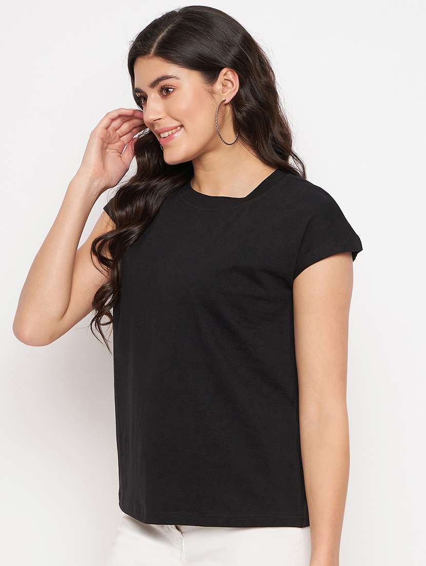 women blck solid short sleeve top - 22086821 - Standard Image - 2