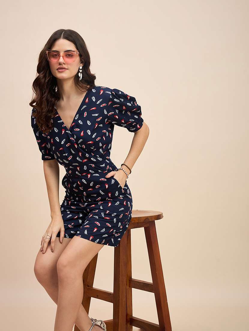 women printed puff sleeve overlap neck romper 