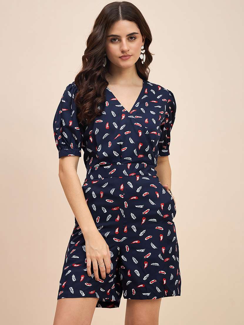 women printed puff sleeve overlap neck romper  - 22086852 -  Standard Image - 2