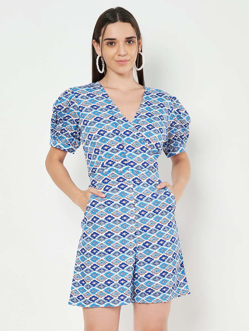 women printed puff sleeve overlap neck romper