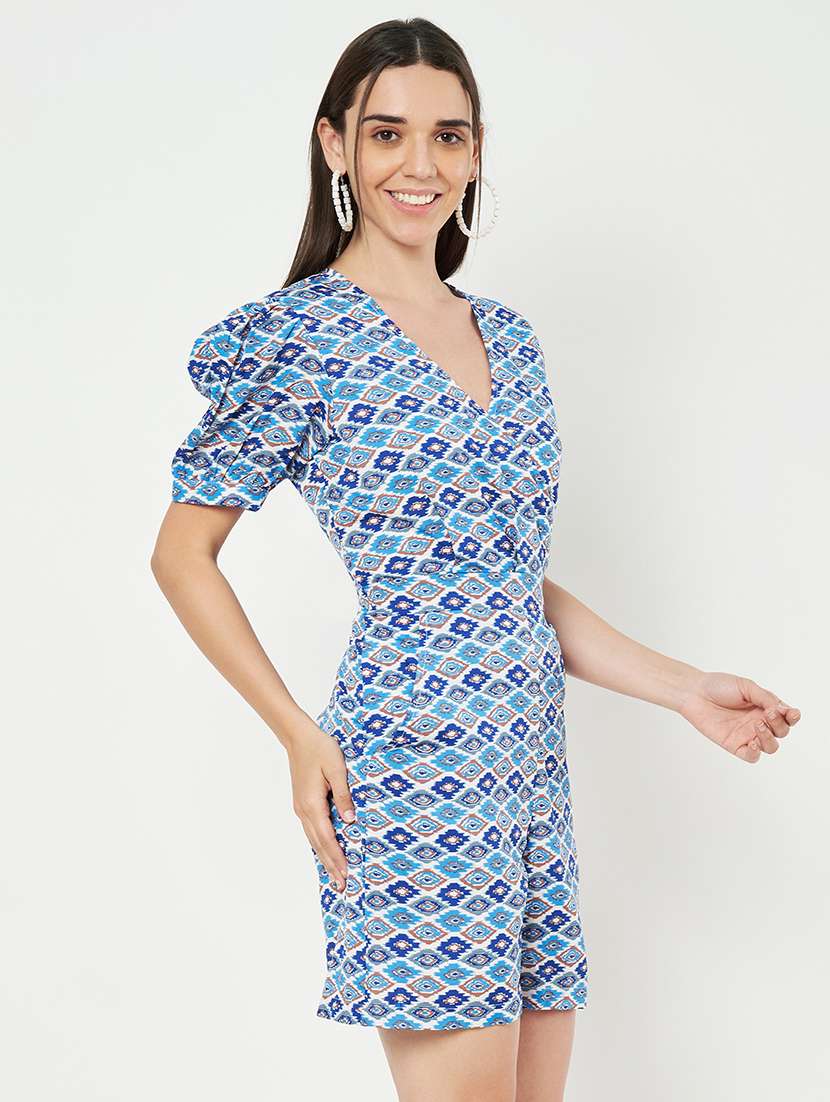 women printed puff sleeve overlap neck romper - 22086853 -  Standard Image - 2