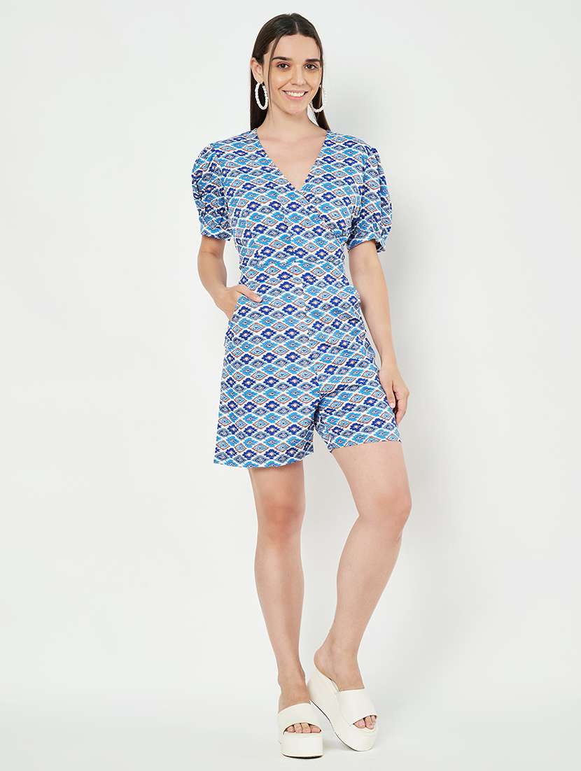 women printed puff sleeve overlap neck romper - 22086853 -  Standard Image - 7