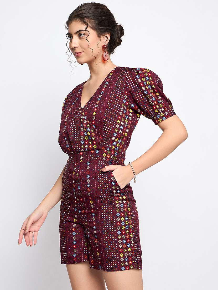 women printed puff sleeve overlap neck romper  - 22086855 -  Standard Image - 2