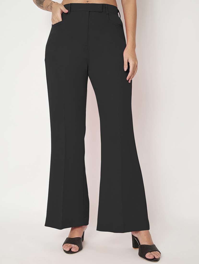 women solid high rise bootcut trouser
