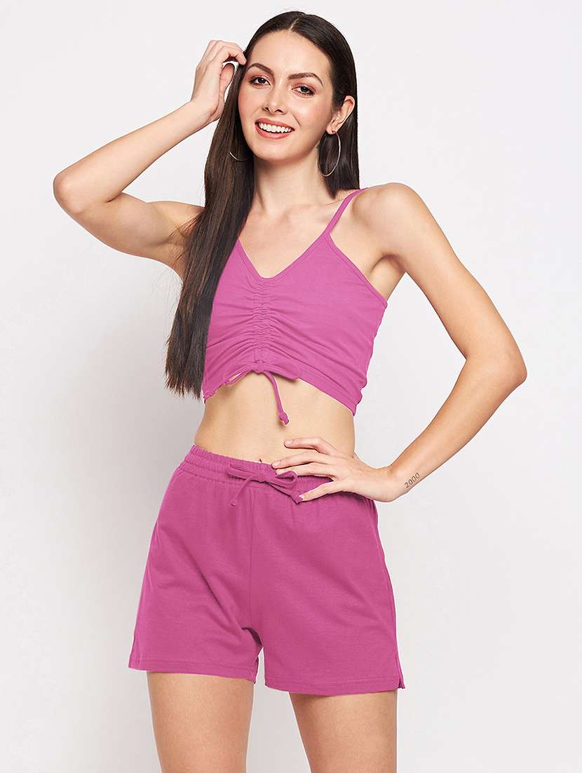 women solid sleeveless top & shorts co-ord set