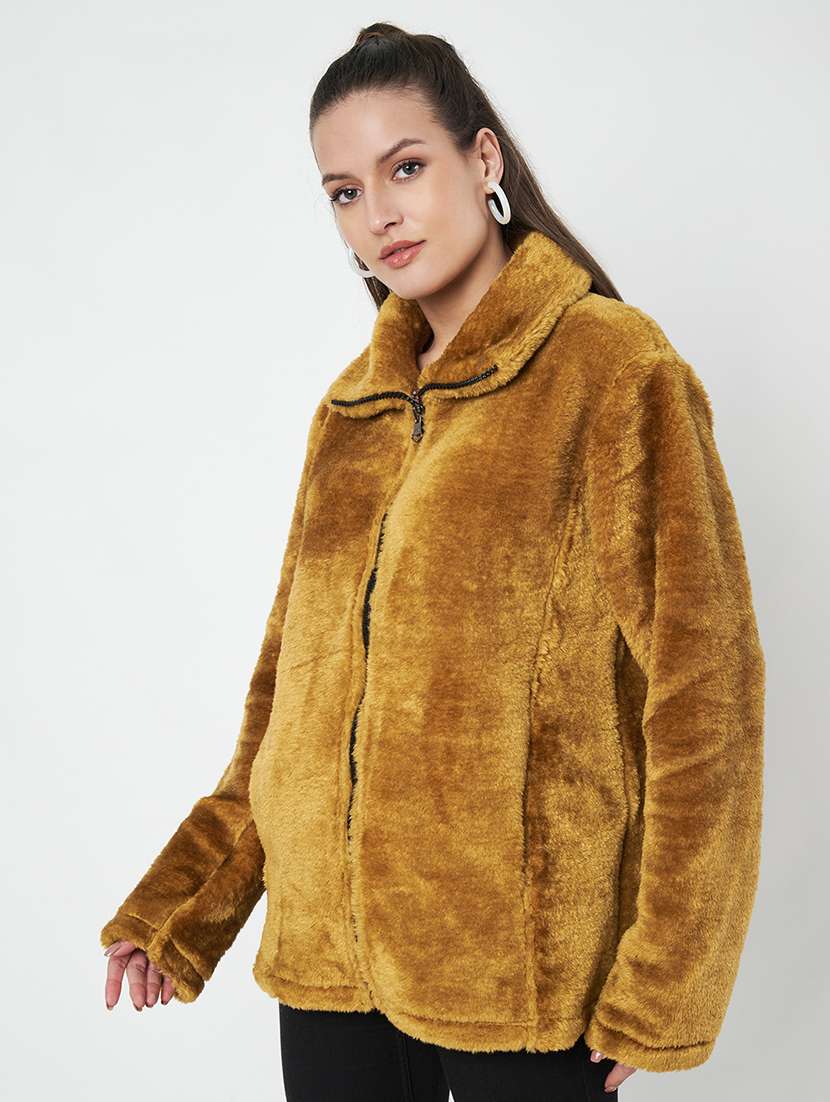 women solid stand collar long sleeve faux fur jacket - 22087106 -  Standard Image - 2