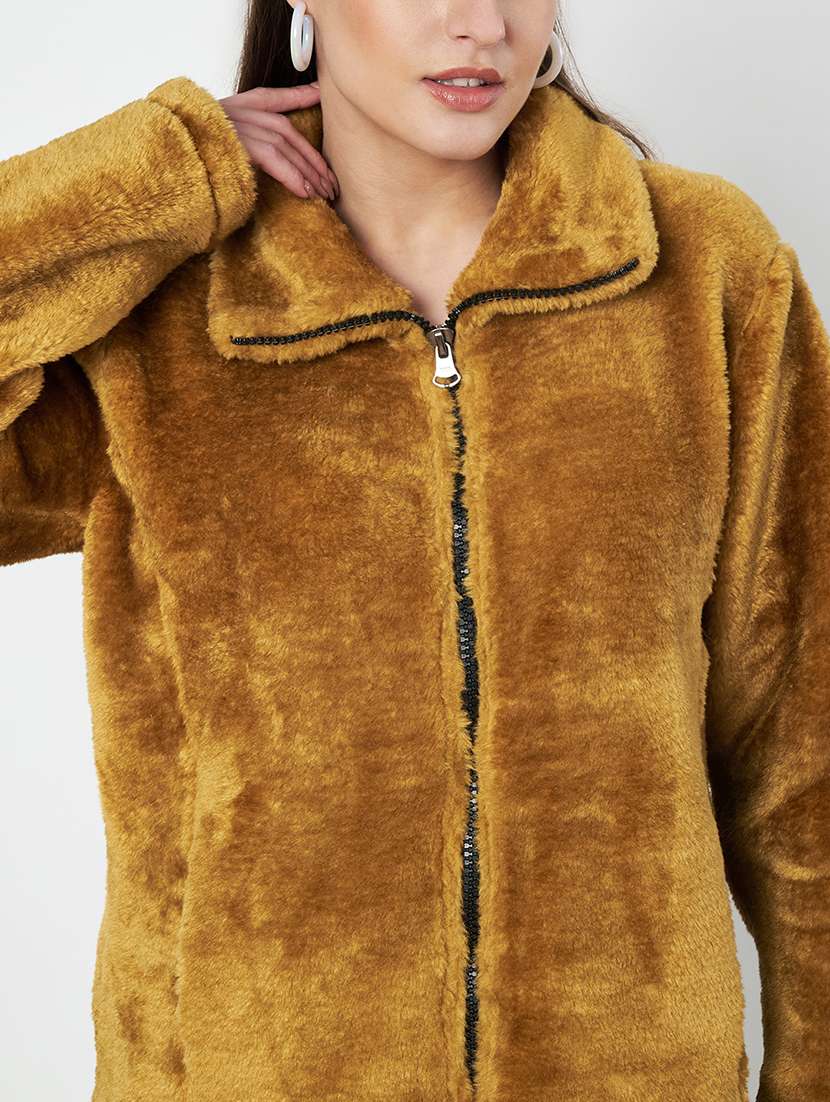 women solid stand collar long sleeve faux fur jacket - 22087106 -  Standard Image - 7